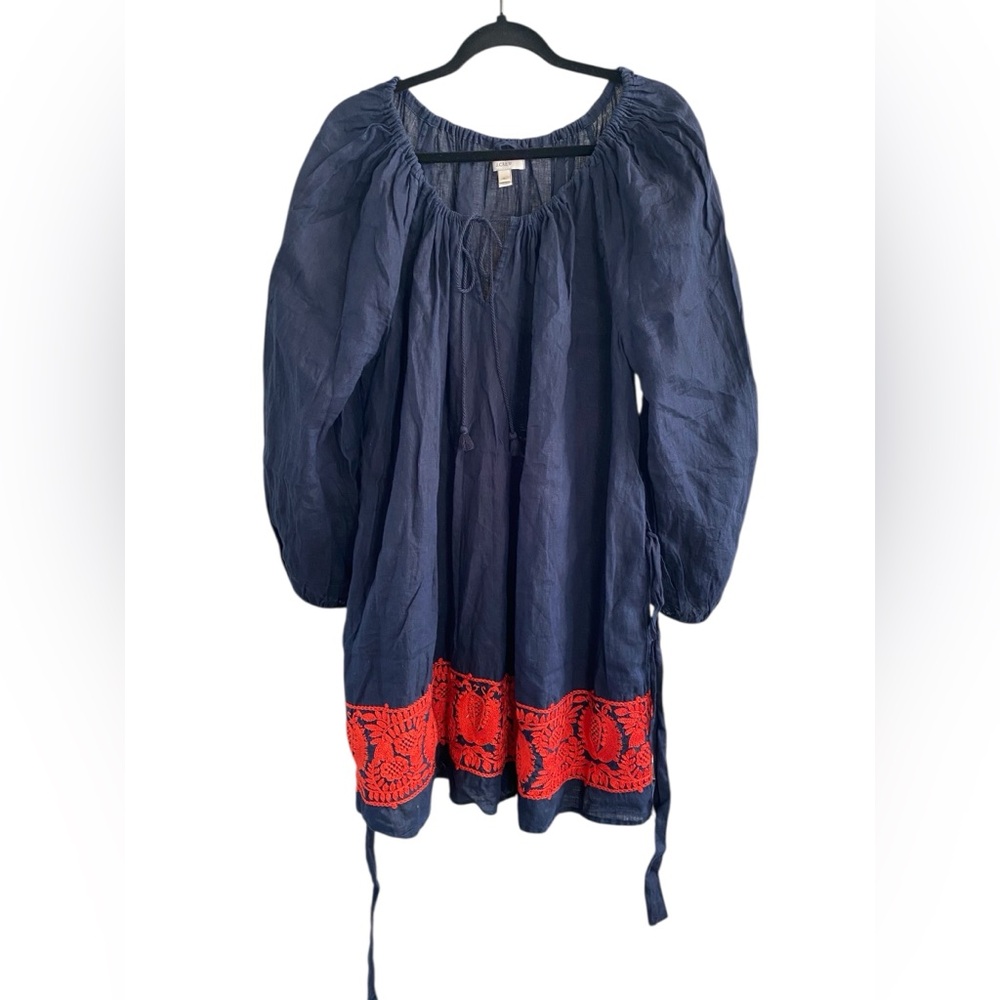 NWOT J.Crew 100% Linen Bohemian Short Summer Belted Dress/Cover-Up Navy Red XL